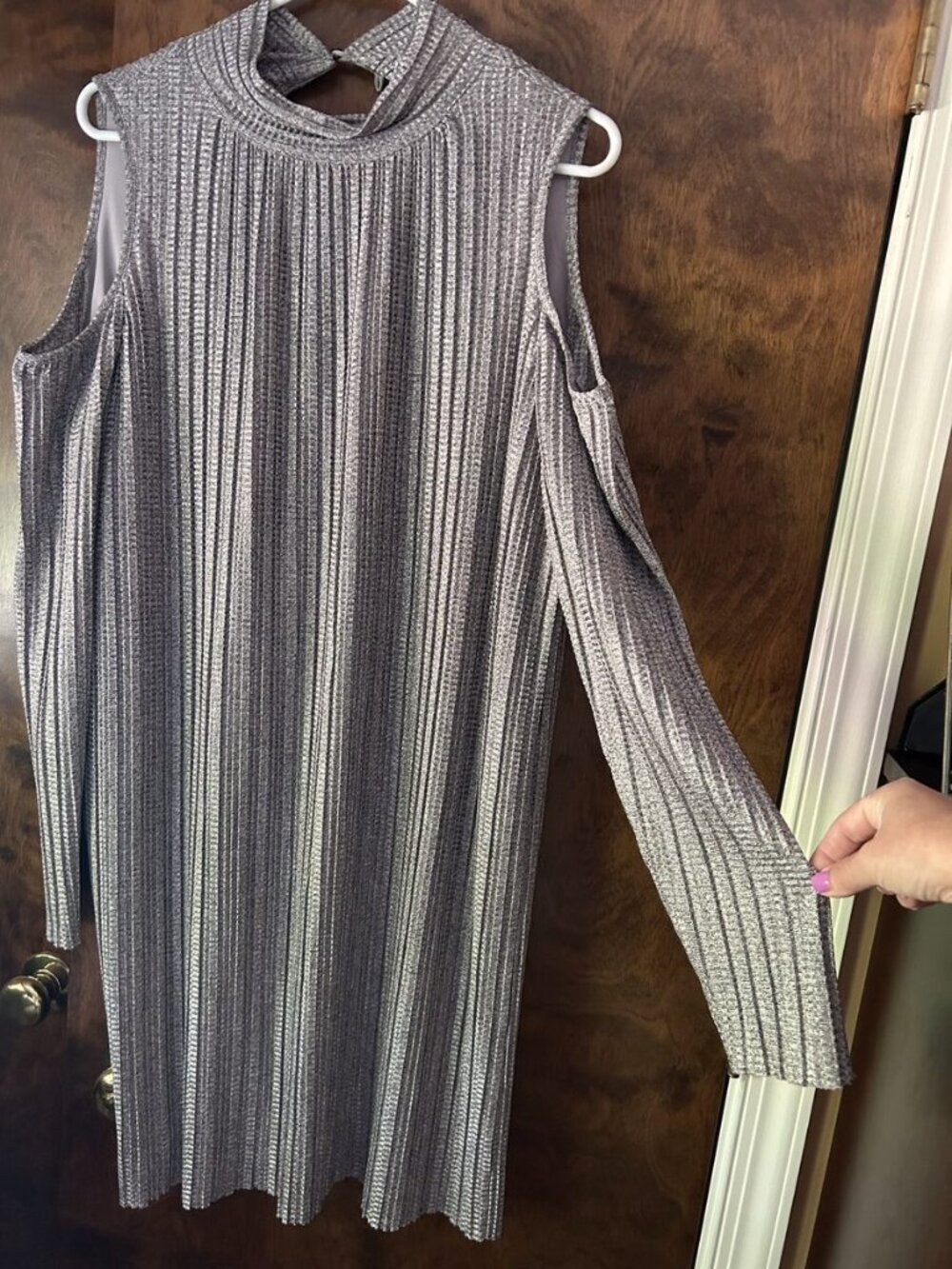 Maggy London Silver Metallic Pleated Cold Shoulder Dress, Size 14